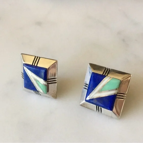 Vintage Gilbert Nelson Native American Lapis Turquoise Navajo Earrings - Picture 4 of 14